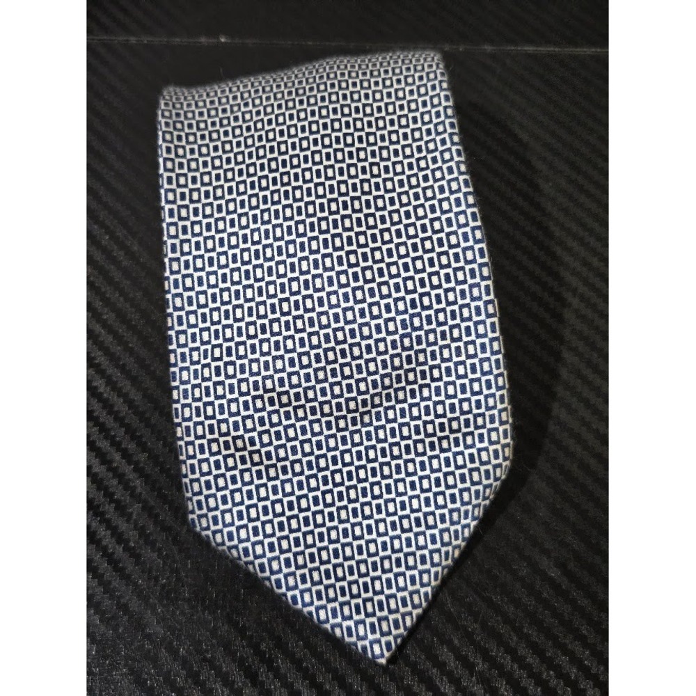 Kenneth Cole Blue/White Geometric Hand Made Cotton Silk Tie